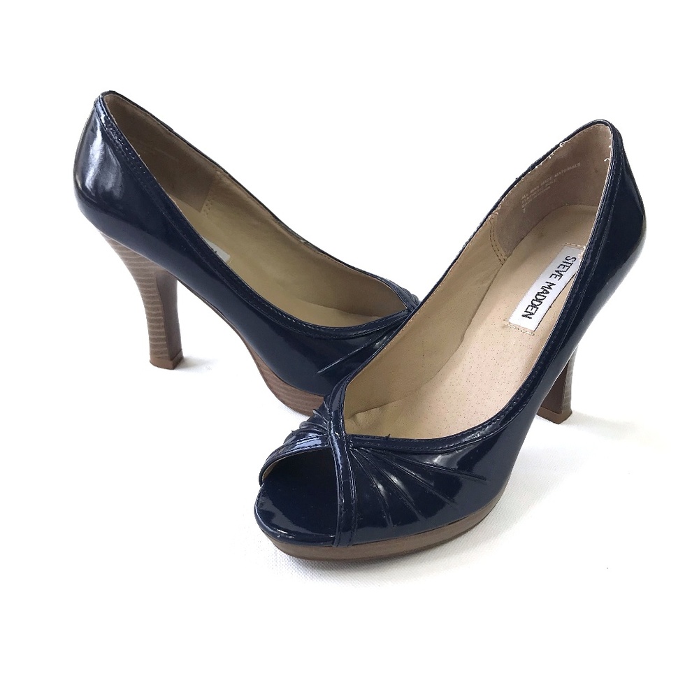 Steve Madden Navy Blue Patent Open Toe Pump Heels